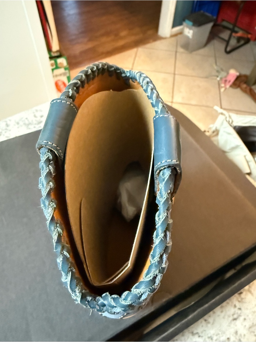 FRYE Blue Suede Studded Western Booties with Tan Sole - Picture 5 of 8